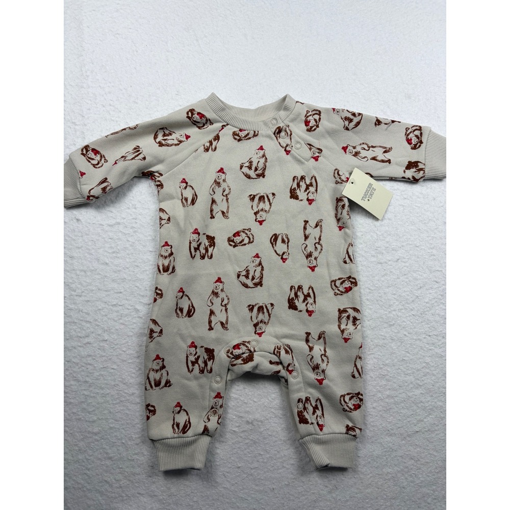 Tucker + Tate Baby Bear Print Fleece Romper Oatmeal Red Beanie 3M NWT